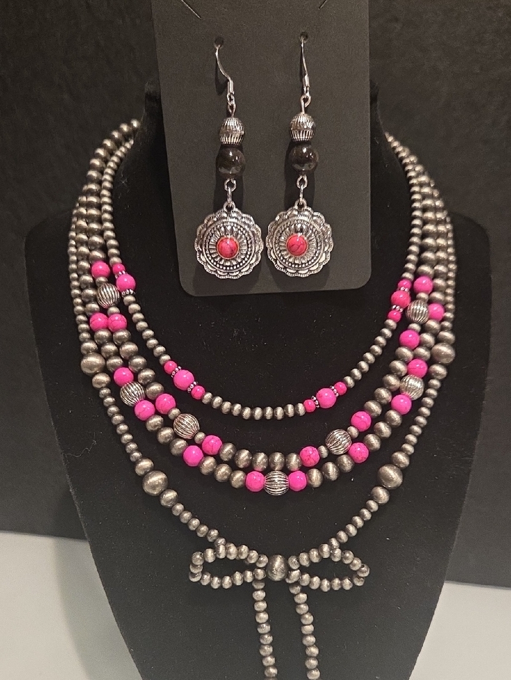 Handcrafted Pink and Silver Beaded Necklace & Earrings Set